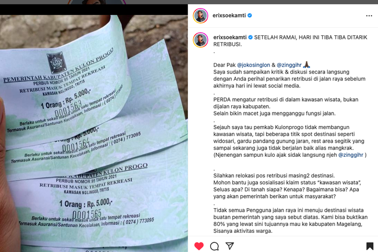 Tangkapan layar unggahan instagram Erix Soekamti soal adanya retribusi di jalan Kulon Progo