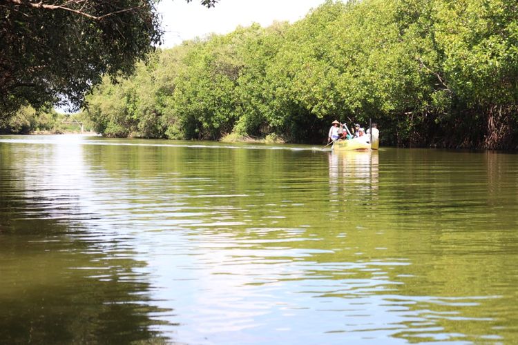 Pemandangan ojek perahu yang mengantarkan wisatawan menyusuri hutan mangrove sebelum ke pantai Glagah Wangi Istambul, Demak, Jawa Tengah.