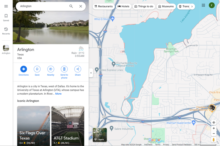Tangkapan layar Google Maps menampilkan kemiripan lokasi sekitar Danau Arlington, di dekat Tate Springs, Texas, Amerika Serikat (AS).
