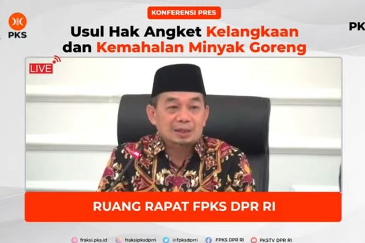 Tangkapan layar Ketua Fraksi PKS Jazuli Juwaini dalam konferensi pers usul hak angket tentang minyak goreng, Jumat (18/3/2022).
