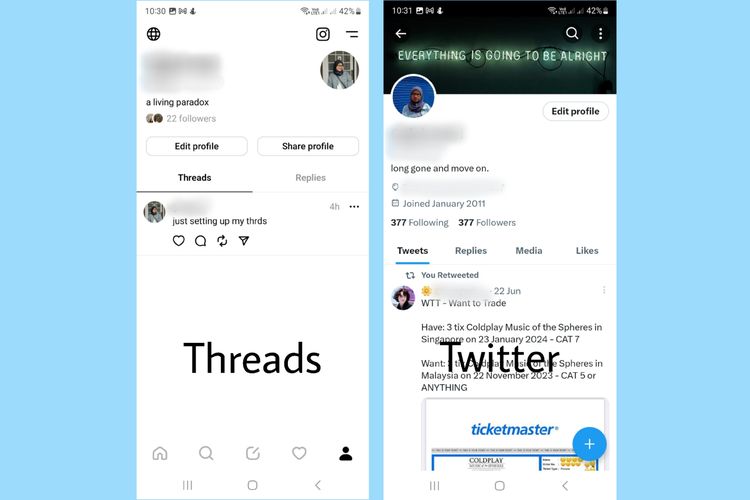 Perbedaan tampilan profil di aplikasi Threads dan Twitter.