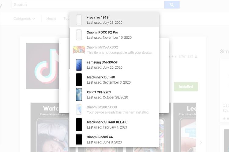 Ilustrasi aplikasi TikTok di situs Google Play Store yang hanya bisa dipasang di smartphone Android.