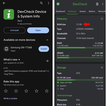 DevCheck Device and System Info di Google Play Store akan menampilkan informasi kapasitas RAM berikut jenisnya dan jumlah penggunaannya oleh aplikasi