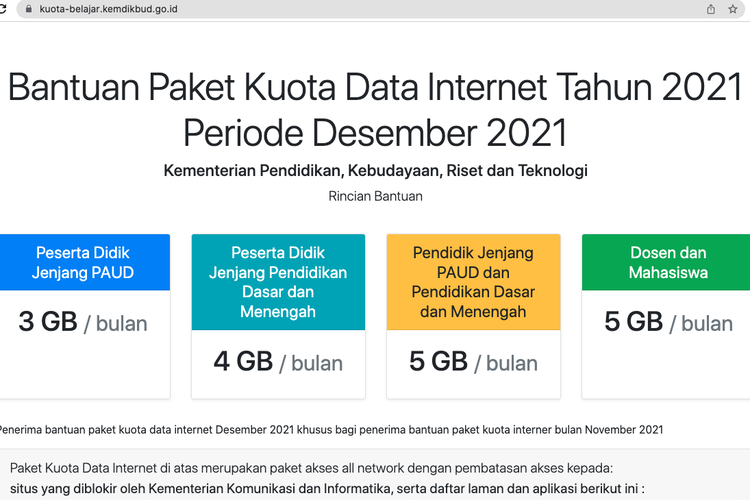 Bantuan kuota data internet Kemendikbud periode Desember 2021