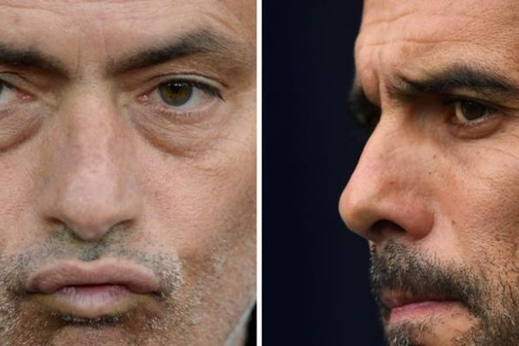 Kombinasi foto manajer Manchester United, Jose Mourinho, dan manajer Manchester City, Josep Pep Guardiola. 