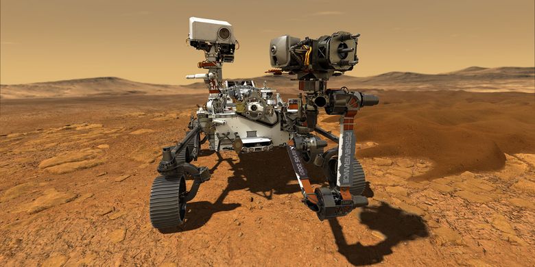 Perseverance, rover cerdas generasi ketiga dalam ilustrasi artistik kala telah mendarat dengan selamat di delta purba kawah Jezero, Mars. 