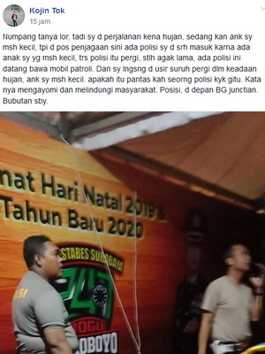 Tangkapan layar dari sebuah unggahan yang menyebutkan bahwa terdapat satu anggota keluarga diusir saat berteduh di Pos Penagamanan Polisi di Surabaya pada Sabtu (21/12/2019).