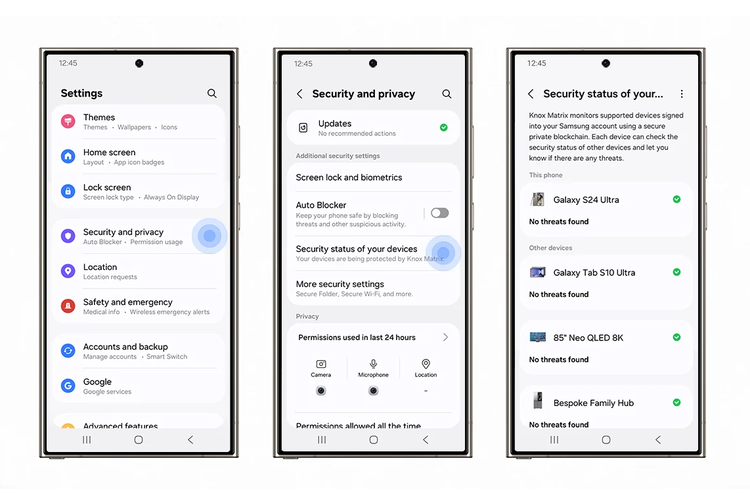 Fitur Knox Matrix menawarkan tampilan dasbor berisi status keamanan semua perangkat Samsung pengguna, termasuk peralatan rumah tangga, smartphone, tablet, dan TV yang didukung. 
