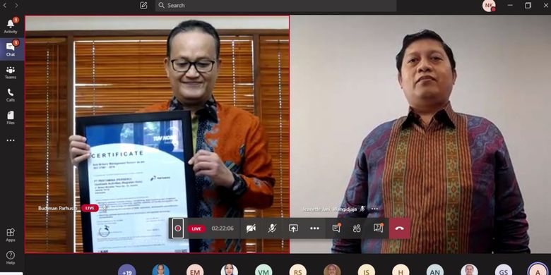 CEO Subholding Upstream Pertamina Budiman Parhusip sertifikat Sistem Manajemen Anti Penyuapan (SMAP) ISO 37001:2016, Jumat (14/8/2020).