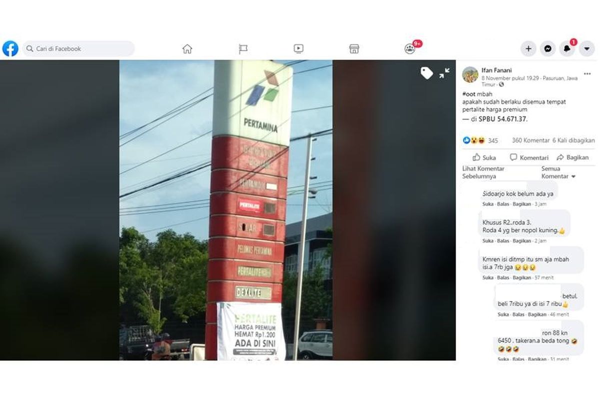Tangkapan layar unggahan soal harga bahan bakar minyak (BBM) berjenis Pertalite berharga setara dengan Premium.