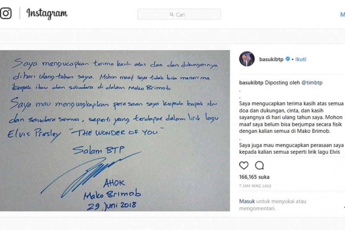 Surat ucapan terima kasih dari Basuki Tjahaja Purnama atau Ahok.