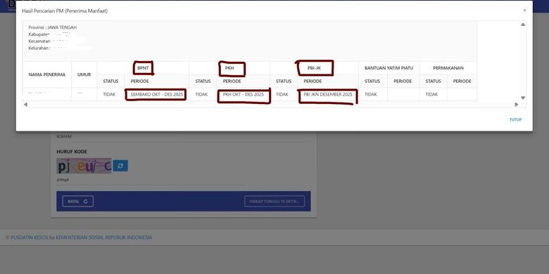 Tangkapan layar hasil pencarian cek bansos Kemensos. PKH 2026. PKH tahap 1 2026. Cara cek penerima PKH 2026.
