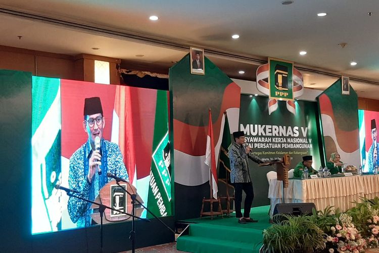 Sandiaga Uno di Mukernas V PPP di Hotel Grand Sahid Jaya, Jakarta, Sabtu (14/12/2019).