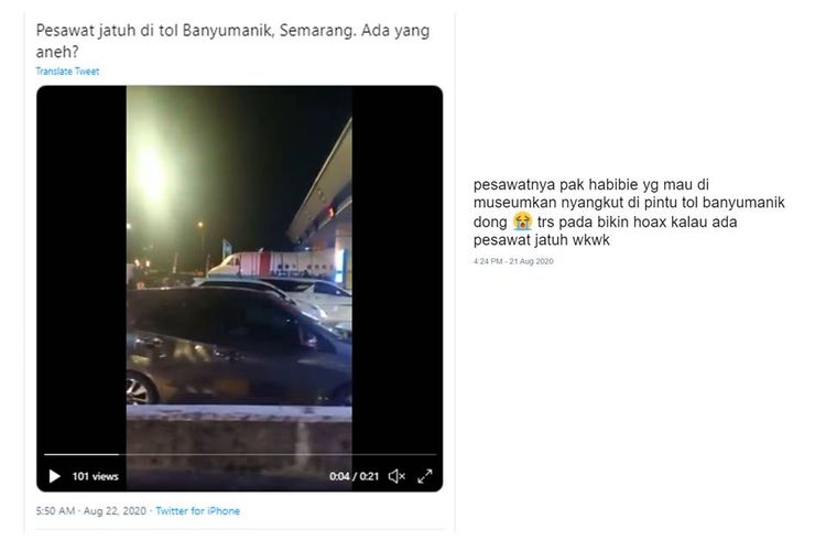 Unggahan mengenai pesawat N250 Gatotkaca yang tengah dibawa ke Yogyakarta disebut tersangkut dan jatuh di Tol Banyumanik. Informasi ini keliru.