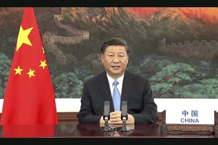 Presiden China Xi Jinping berbicara dalam pesan yang direkam sebelumnya yang diputar selama sesi ke-75 Sidang Umum Perserikatan Bangsa-Bangsa, Selasa, 22 September 2020, di markas besar PBB di New York. 