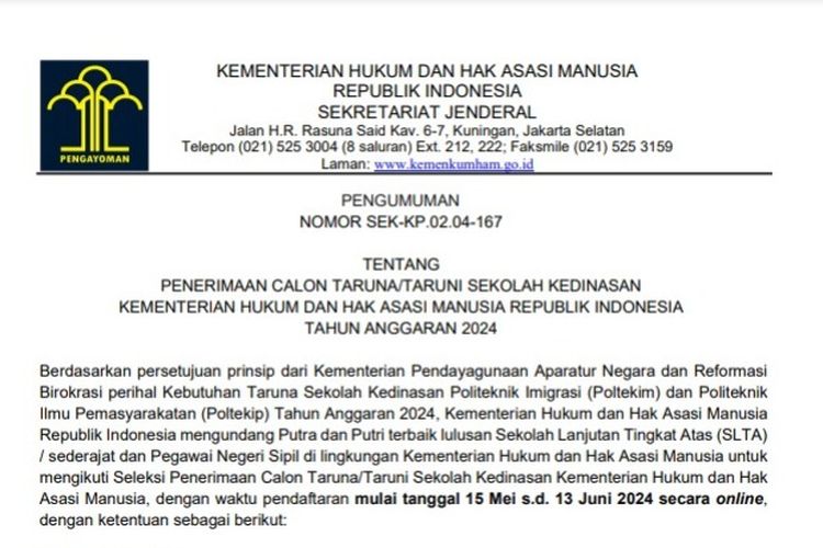 Tangkapan layar pengumuman pendaftaran Poltekim dan Poltekip.