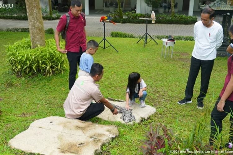 Tangkapan layar saat Presiden Joko Widodo (Jokowi) mengajak para cucunya mengenal satwa saat mengisi libur Lebaran di Deli Serdang, Sumatera Utara, Sabtu (13/4/2024).