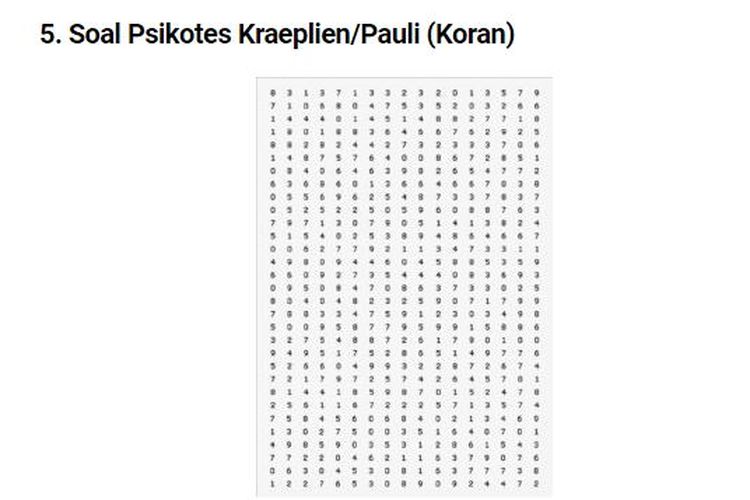 Contoh soal psikotes kerja Kraeplien Pauli atau koran. Psikotes adalah salah satu tahapan seleksi kerja.