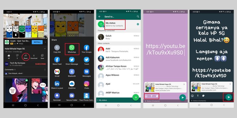 Cara share link YouTube ke WhatsApp Status, lewat aplikasi YouTube.