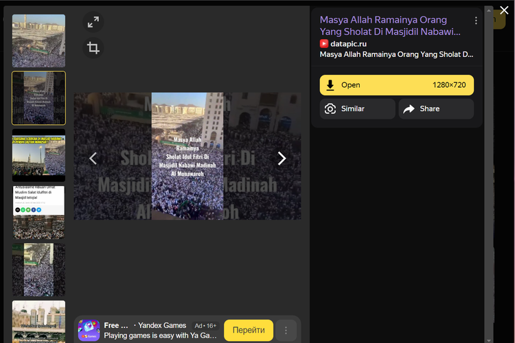 Tangkapan layar pencarian gambar di Yandex, soal ramainya jemaah di Masjid Nabawi, Madinah saat Idul Fitri 2023.
