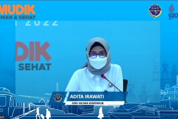 Juru Bicara Kemenhub Adita Irawati saat melaporkan data sementara yang dihimpun dari Posko Angkutan Lebaran Terpadu tahun 2022 (1433 H) pada konferensi pers virtual, Rabu (27/4/2022).