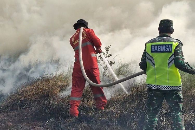 Petugas pemadam dari Manggala Agni dan TNI-Polri melakukan proses pemadaman kebakaran lahan di Desa Ulak Petangisan Kecamatan Pemulutan Barat Ogan Ilir Sumatera Selatan hari ini Selasa (4/8/2020)