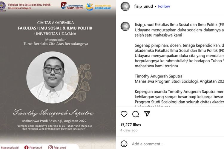 Tangkapan layar akun Instagram FISIP Universitas Udayana atas wafatnya Timothy Anugerah Saputra yang diduga menjadi korban perundungan atau bullying.