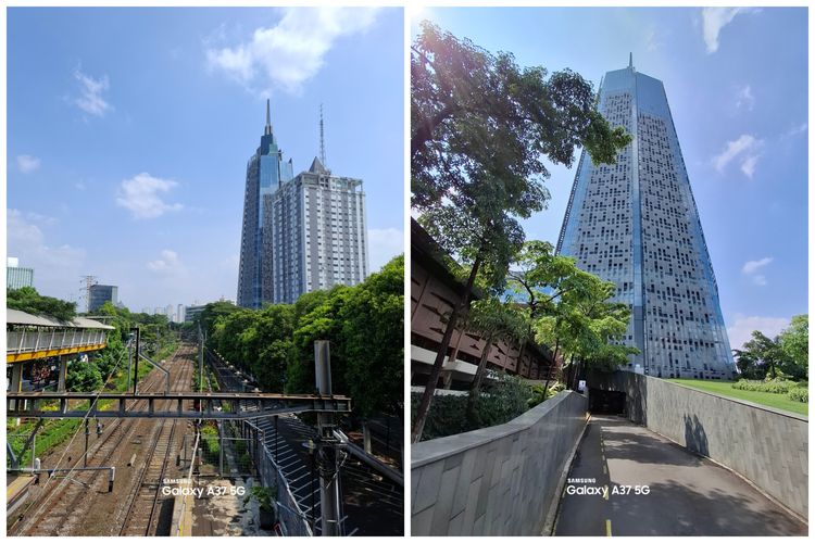 Hasil kamera utama Galaxy A37 5G (kiri) dan kamera ultrawide (kanan) di siang hari.
