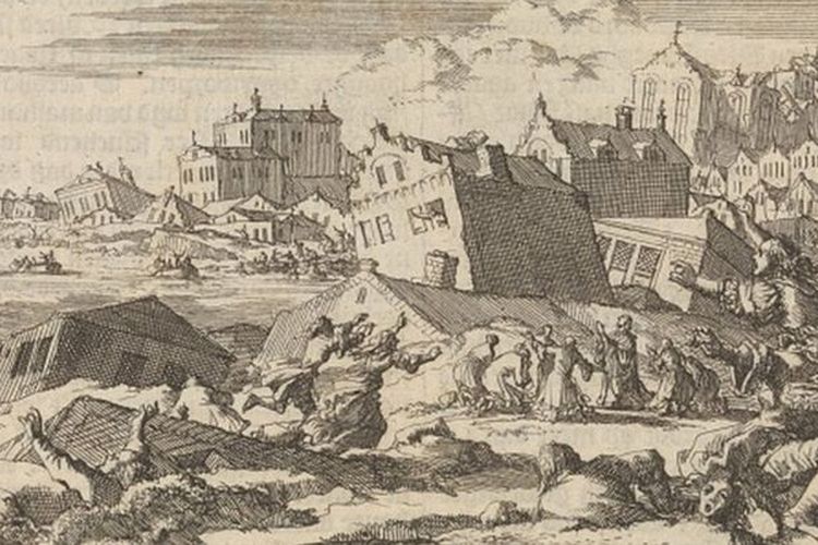 Lukisan gempa bumi yang terjadi di Port Royal, Jamaika, pada 1615.