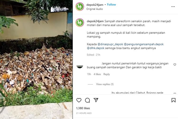 Sampah styrofoam menumpuk di Kali Licin, Jalan Pramuka, Mampang, Pancoran Mas, Depok, Rabu (23/2/2022).