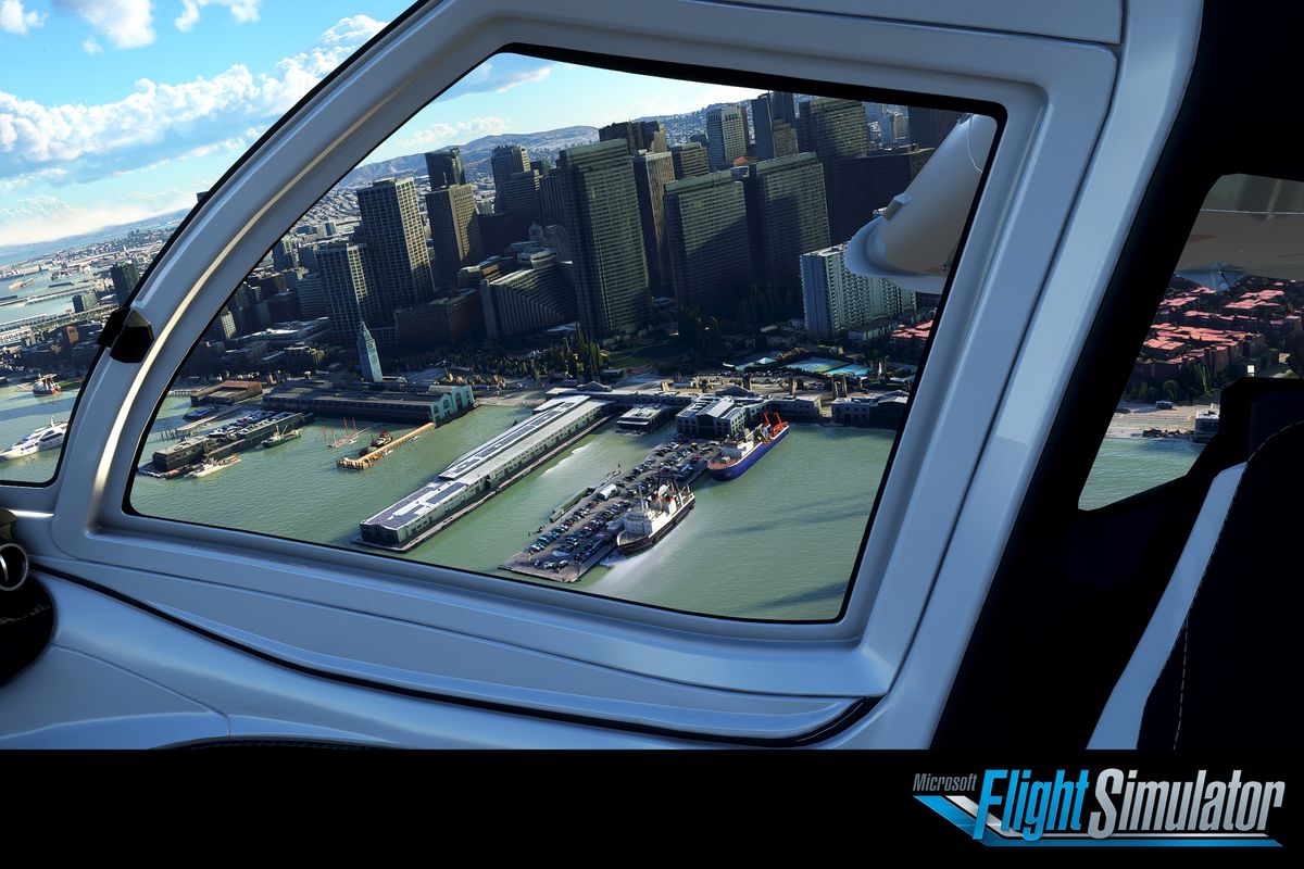 Ilustrasi game Microsoft Flight Simulator dari sudut pandang pilot