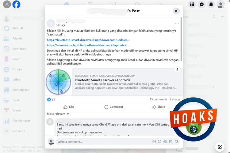 Tangkapan layar konten hoaks di sebuah akun Facebook, Jumat (16/5/2025), mengenai aplikasi cek bluetooth pada orang yang sudah divaksin.