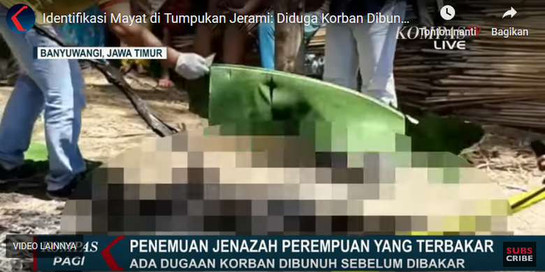 Sabtu (25/1/2020), mayat perempuan ditemukan hangus terbakar di atas tumpukan jerami di Dusun Kedawung, Desa Pondoknongko, Kecamatan Kabat, Banyuwangi, Jawa Timur.