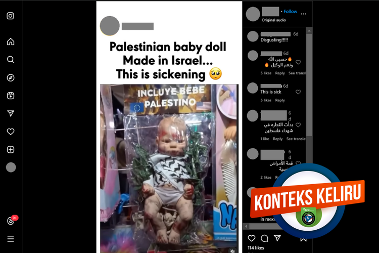 Tangkapan layar konten konteks keliru di sebuah akun Instagram, 10 Januari 2024, soal boneka bayi Palestina yang diklaim dibuat dan dijual di Israel.