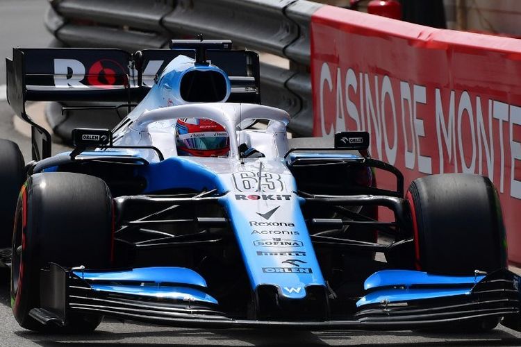 Mobil Williams Formula 1 yang dikendarai George Russel menjajal Sirkuit Monaco pada 25 Mei 2019.