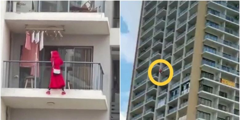 Inilah detik-detik seorang wanita di apartemen Sinya, China, pada 6 Mei ketika dia menari di tepi balkon lantai 25 sebelum jatuh dan tewas. Penghuni apartemen buru-buru pindah karena melihat video wanita itu jatuh sambil memakai pakaian berwarna merah.