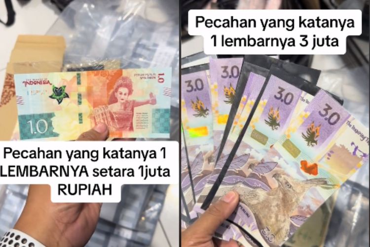 Tangkapan layar video yang memperlihatkan uang kertas bertuliskan 1.0 dan 3.0 diklaim pecahan uang baru masing-masing senilai Rp 1 juta dan Rp 3 juta.
