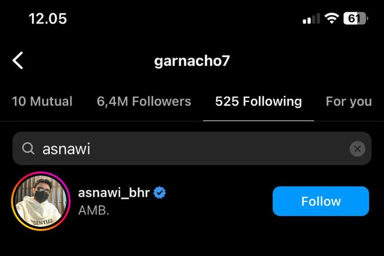 Tangkapan layar Instagram Alejandro Garnacho yang mengikuti Asnawi Mangkualam Bahar di Instagram.