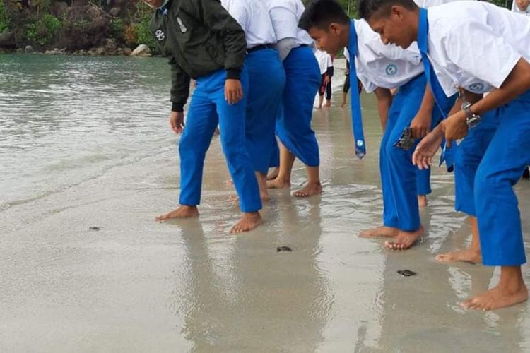 Konservasi Penyu di Kampung Baru, Lagoi mengajak puluhan pelajar dari SD Negeri 003 Teluksebong serta SMP dan SMA Tunas Bangsa Lagoi, Bintan melepaskan 100 anak penyu (tukik) di Pantai Kampung Baru Lagoi, Bintan.