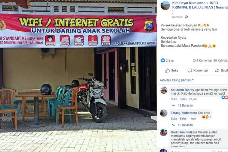 Sebuah unggahan yang menggambarkan Polsek Kejayan di Pasuruan memberikan fasilitas wifi gratis untuk belajar daring anak sekolah, viral di media sosial.