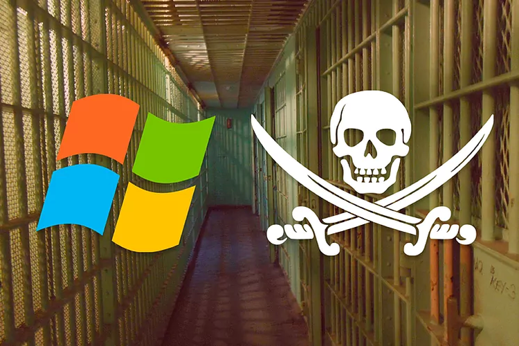 Ilustrasi logo Microsoft dan logo bajakan.