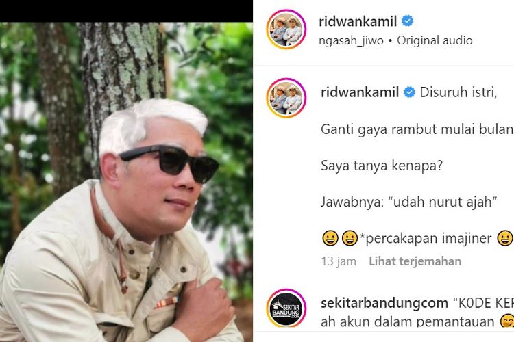 Di akun Instagram milik Emil, sapaan Ridwan Kamil, Gubernur Jawa Barat itu mengunggah foto rambutnya yang berwarna putih sambil memakai kacamata hitam.