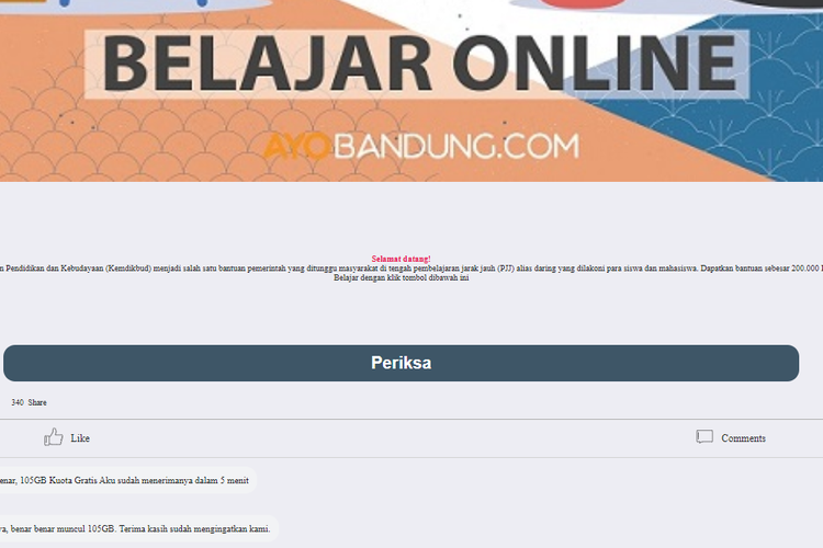 Website palsu mengatasnamakan bantuan kuota Kemendikbud