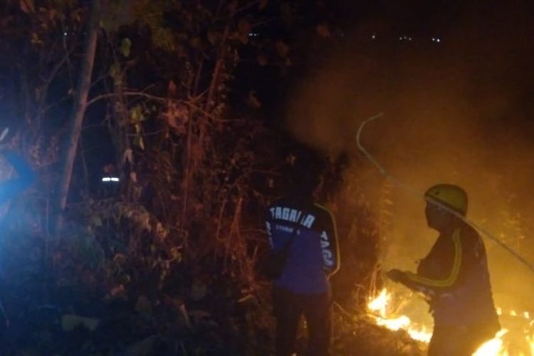 Proses pemadaman api di hutan jati Desa Bugeman, Kecamatan Kendit, Kabupaten Situbondo, Provinsi Jawa Timur pada Rabu (14/6/2023) malam.