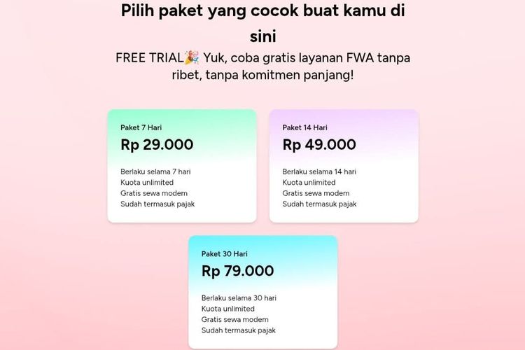 Daftar paket Internet Rakyat Surge, yang masih tersedia tiga paket pilihan dengan harga termurah Rp 29.000 untuk 7 hari.