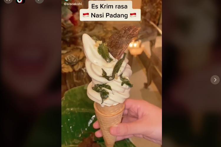 tangkapan layar video TikTok es krim yang terbuat dari nasi padang.