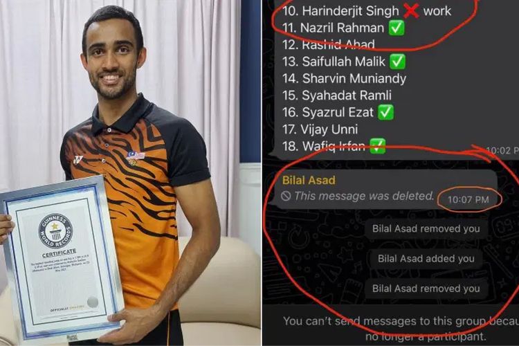 Pemain timnas kriket Malaysia, Harinder Sekhon (kiri), dan tangkapan layar bukti dia dikeluarkan dari grup WhatsApp karena tidak hadir latihan (kanan).