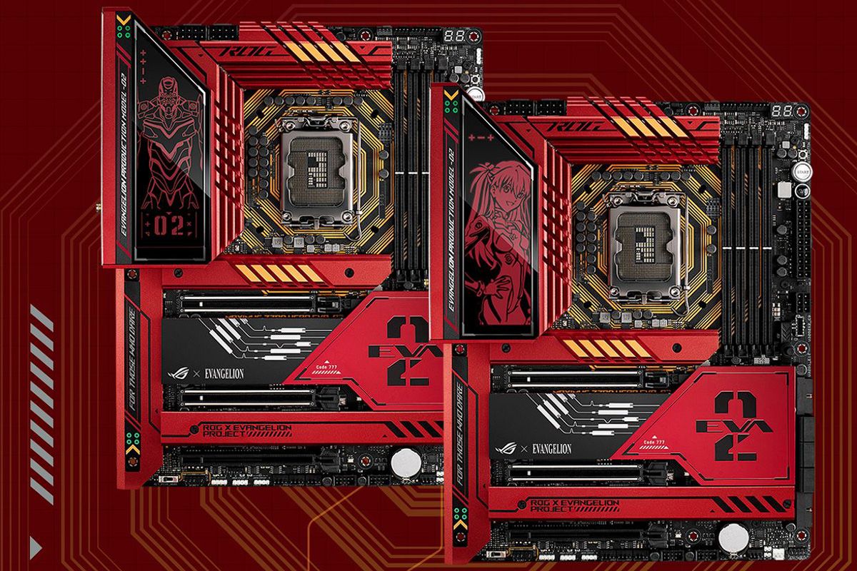 Tampilan motherboard ROG Maximus Z790 Hero Eva-02 Edition di laman Asus. Kesalahan ketik di baris tulisan di sisi kiri atas sudah diperbaiki dalam gambar ini.  