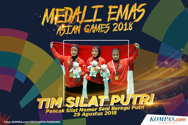 Pesilat beregu putri Indonesia, Pramudita Yuristya, Lutfi Nurhasanah, dan Gina Tri Lestari meraih medali emas dalam laga final Asian Games 2018 yang berlangsung di Padepokan Pencak Silat Taman Mini Indonesia Indah, Jakarta, Rabu (29/8/2018).