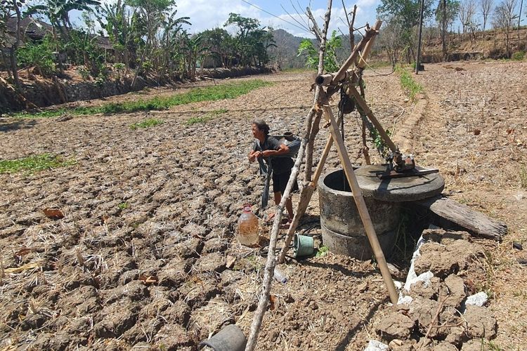 Warga mengambil air dari sumur di ladang Padukuhan Klegung, Kalurahan Ngoro-oro, Patuk, Gunungkidul. Senin (2/10/2023)